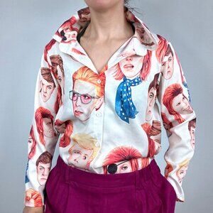 David Bowie Button Down Print Shirt Blouse Small Medium Graphic Long Sleeve